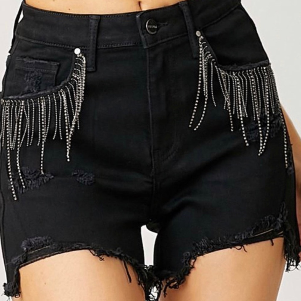 Rockin’ Rhinestones High Rise Distressed Denim Risen Shorts - Picture 2 of 3